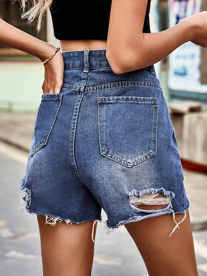 Short décontracté en denim déchiré à bords bruts pour femme 