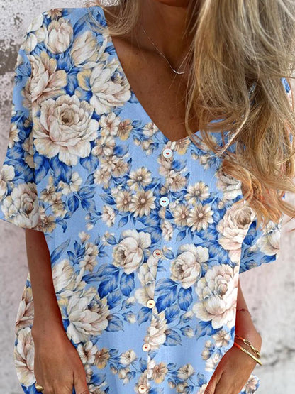 Women's Elegant  Rose Floral Pattern Shirt Style Cotton and Linen Top