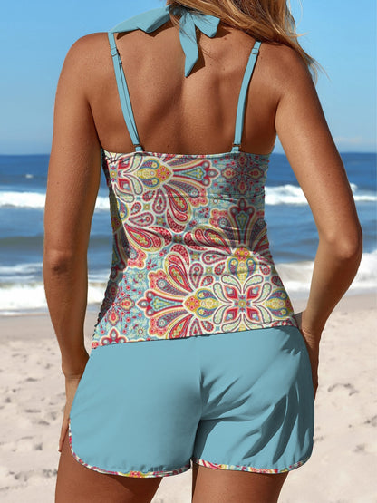 Light Blue Ethnic Retro Flower Aboriginal Print Halter Patchwork Mid Waisted Tankini Short Set Swimsuit