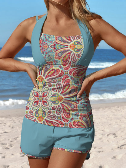 Light Blue Ethnic Retro Flower Aboriginal Print Halter Patchwork Mid Waisted Tankini Short Set Swimsuit