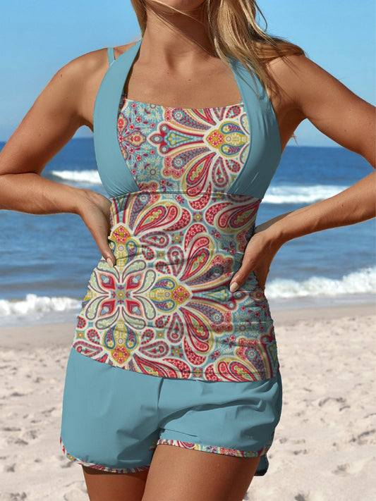 Maillot de bain tankini taille moyenne à imprimé ethnique rétro bleu clair avec imprimé floral aborigène 