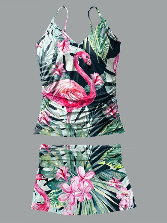 Maillot de bain tankini plissé à col en V et imprimé plantes tropicales flamant rose 