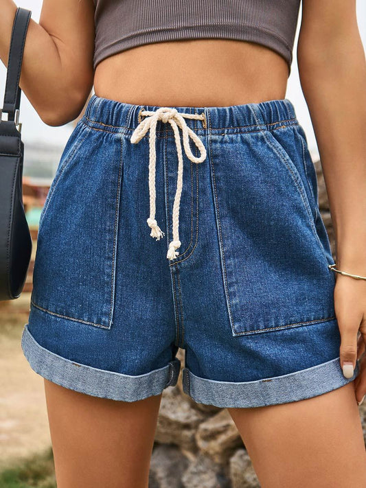 Short en jean décontracté à ourlet roulé pour femme avec taille élastiquée 