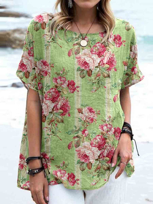 Women's Elegant Vintage Rose Floral Print Linen Top