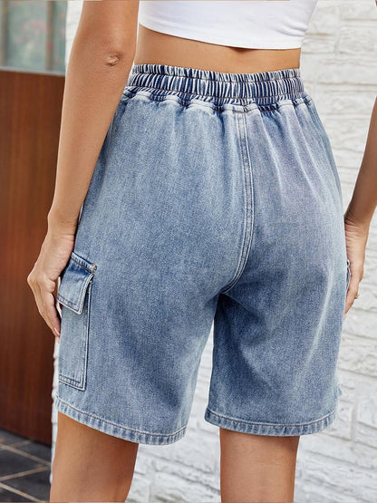 Short en jean taille élastique à lacets effet usé pour femme 