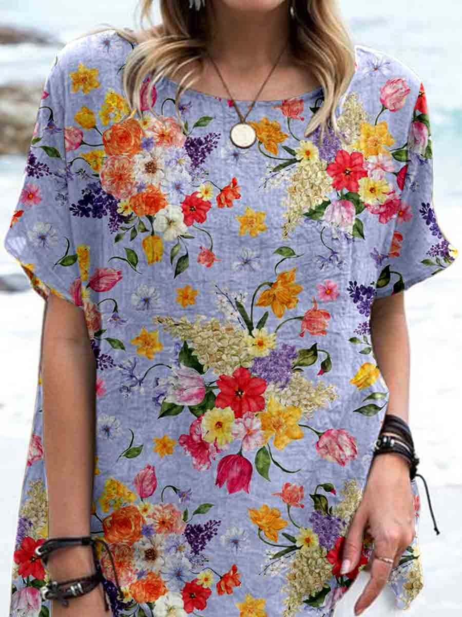 Haut élégant en lin à imprimé floral vintage pour femme 