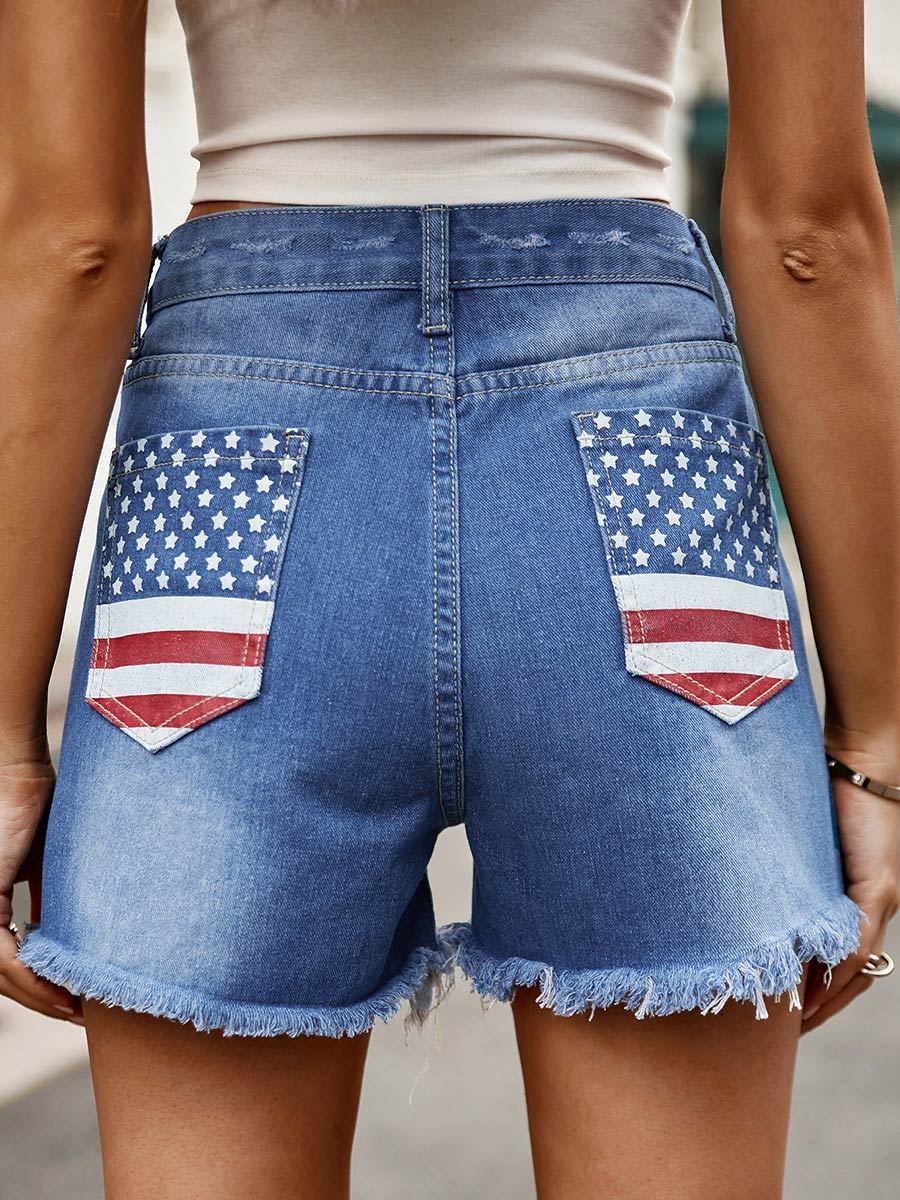 Women's American Flag Printed Washed Denim Shorts