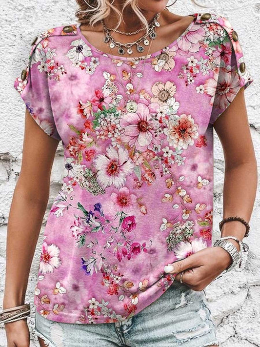 T-shirt en coton à manches courtes et col rond avec imprimé floral pour femme 