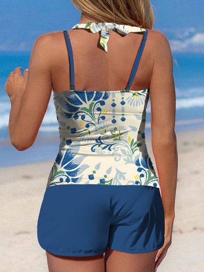 Maillot de bain tankini taille moyenne à imprimé floral rétro et patchwork 