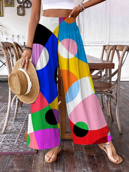 Women's Pop Art Geometric Rainbow Color Pattern Cotton And Linen Pants