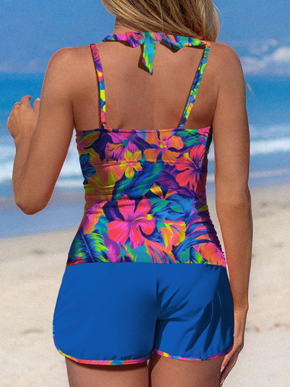 Colorful Tropical Hibiscus Flower Print Halter Patchwork Mid Waisted Tankini Short Set Swimsuit