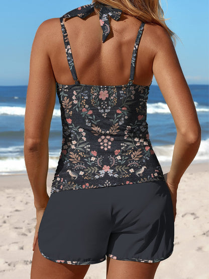 Maillot de bain tankini taille moyenne à imprimé floral symétrique gris et patchwork 