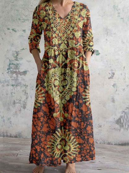 Women's Bohemian Pattern V-Neck Cotton and Linen Dress