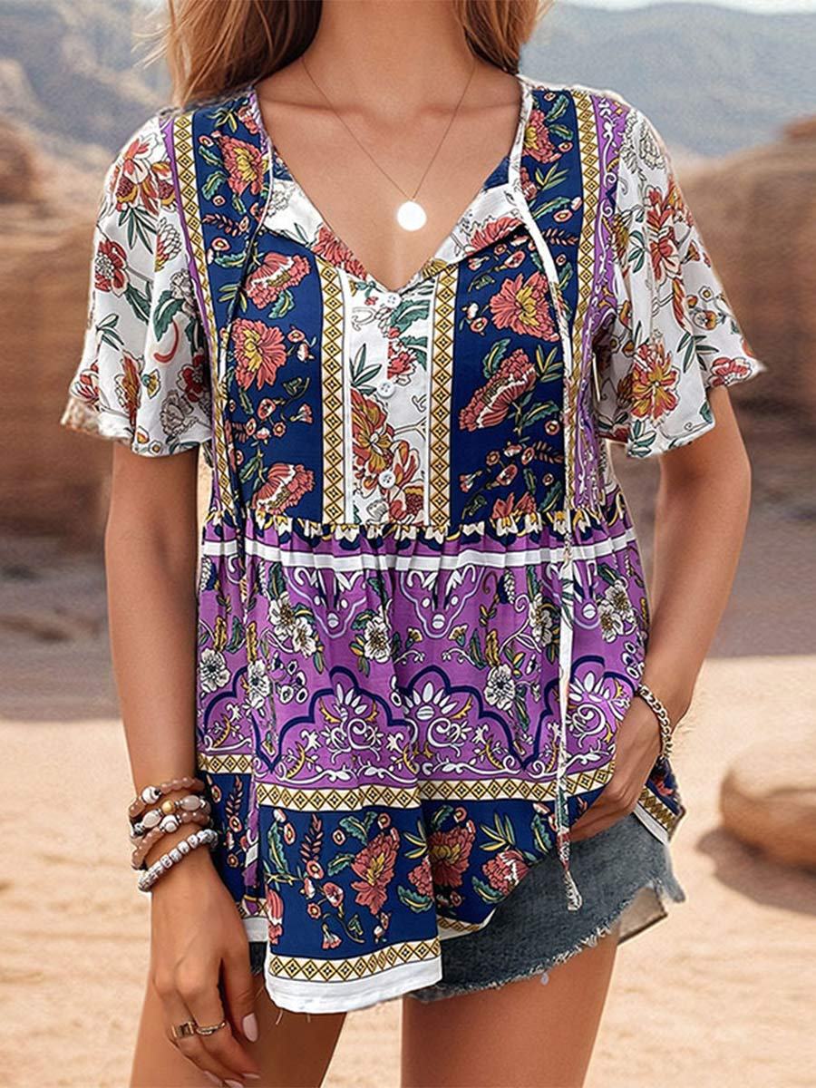 Chemise à nouer à manches lotus imprimée pour femme 