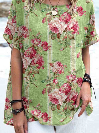 Women's Elegant Vintage Rose Floral Print Linen Top