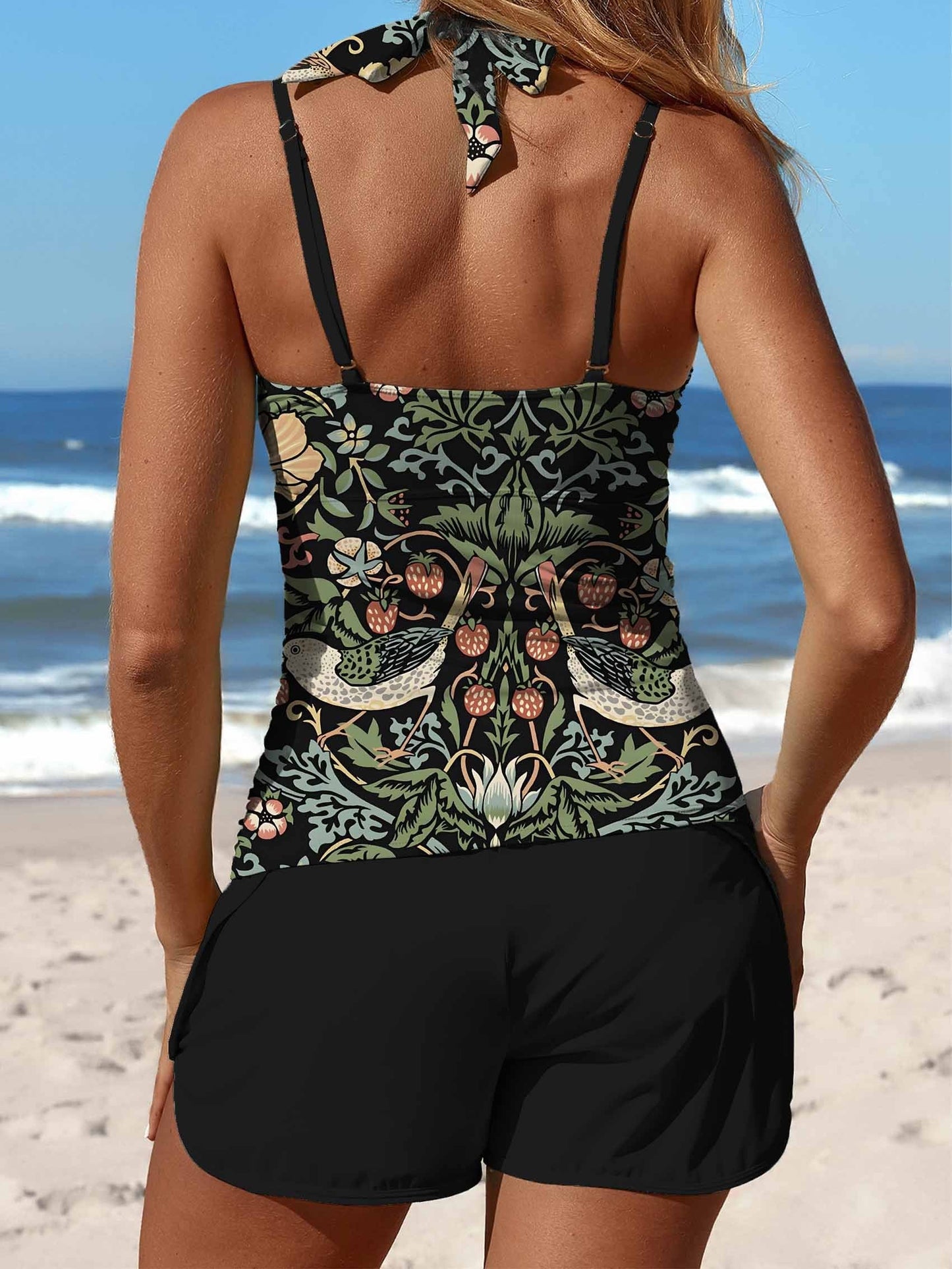 Retro Flower Art Print Halter Patchwork Mid Waisted Tankini Short Set Swimsuit