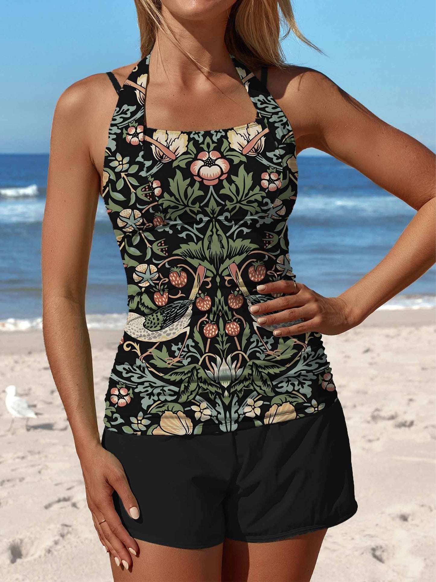 Retro Flower Art Print Halter Patchwork Mid Waisted Tankini Short Set Swimsuit