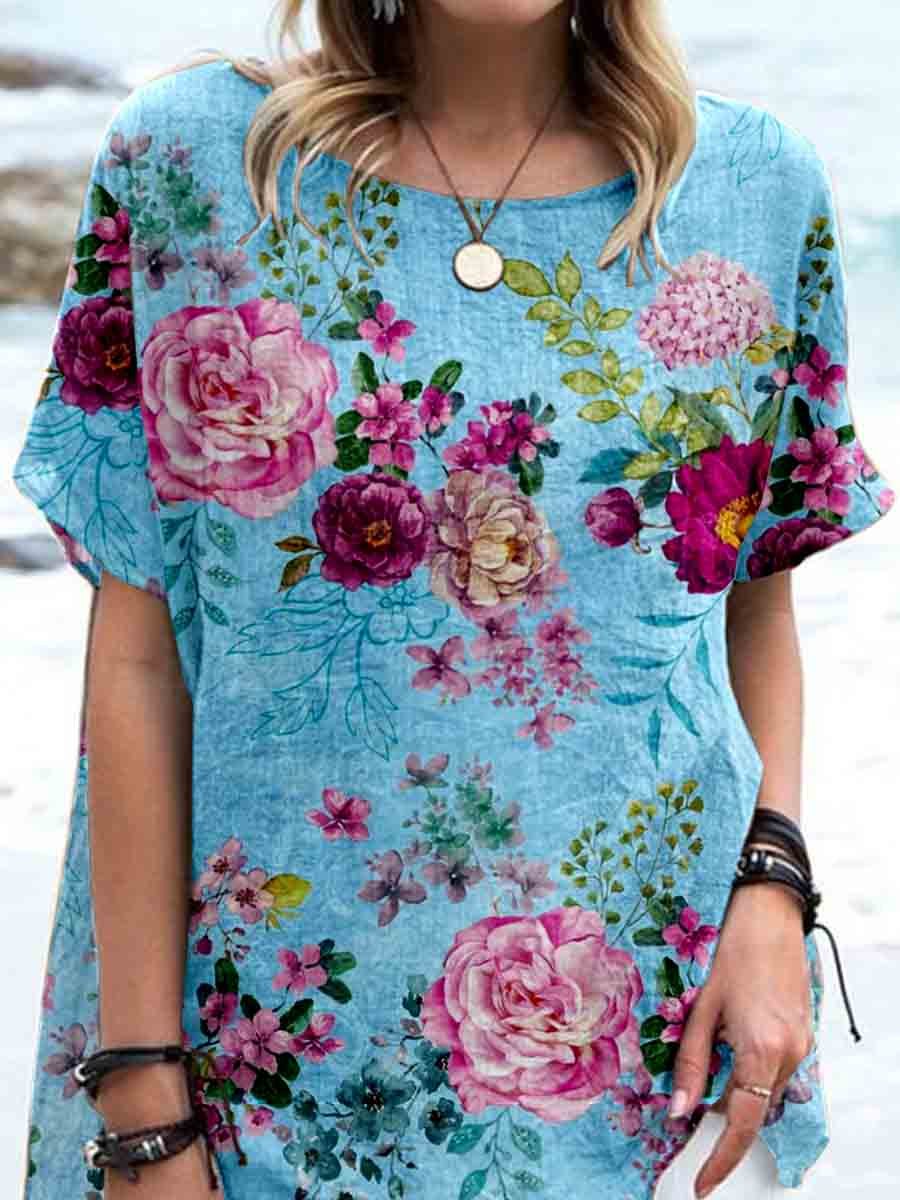 Haut élégant en lin à imprimé floral rose vintage pour femme 