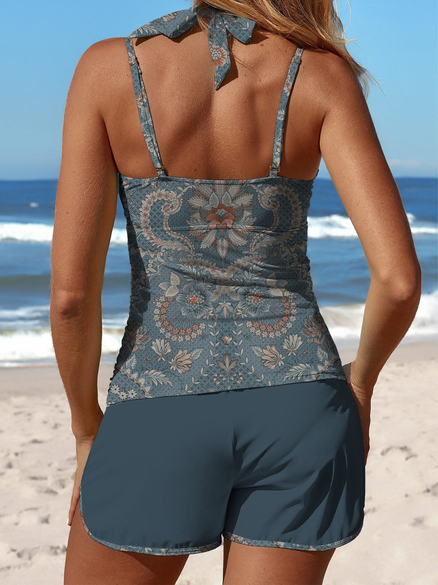 Dark Blue Prismatic Shade Flowers Print Halter Patchwork Mid Waisted Tankini Short Set Swimsuit