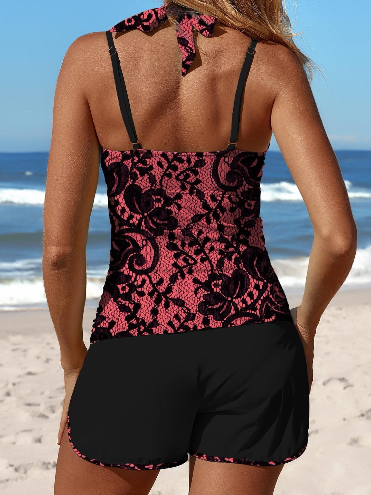 Maillot de bain tankini taille moyenne à imprimé floral rétro et patchwork 