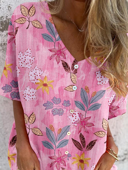 Women's Elegant Floral Pattern Shirt Style Cotton and Linen Top