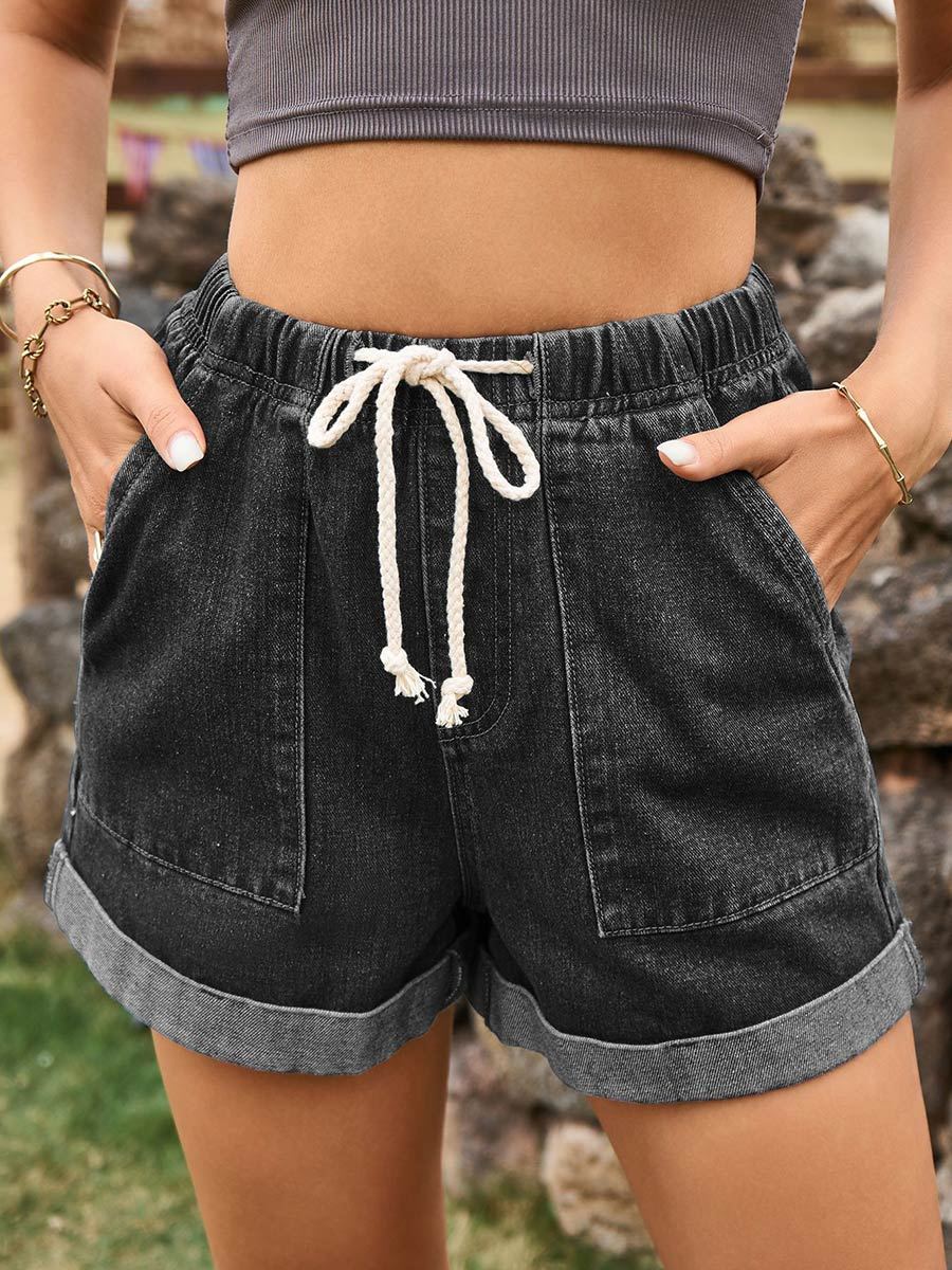 Women's Casual Rolled Hem Denim Shorts With Elasticated Waist