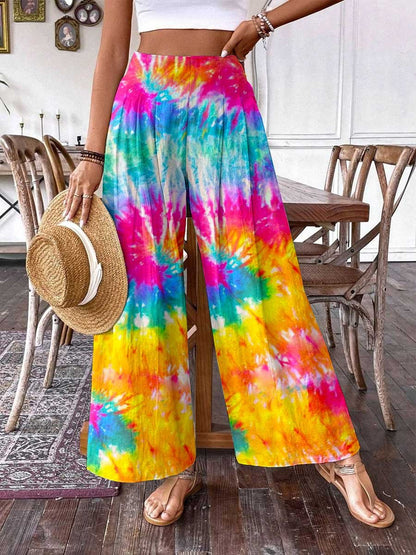 Pantalon large en coton à imprimé tie-dye arc-en-ciel pour femme