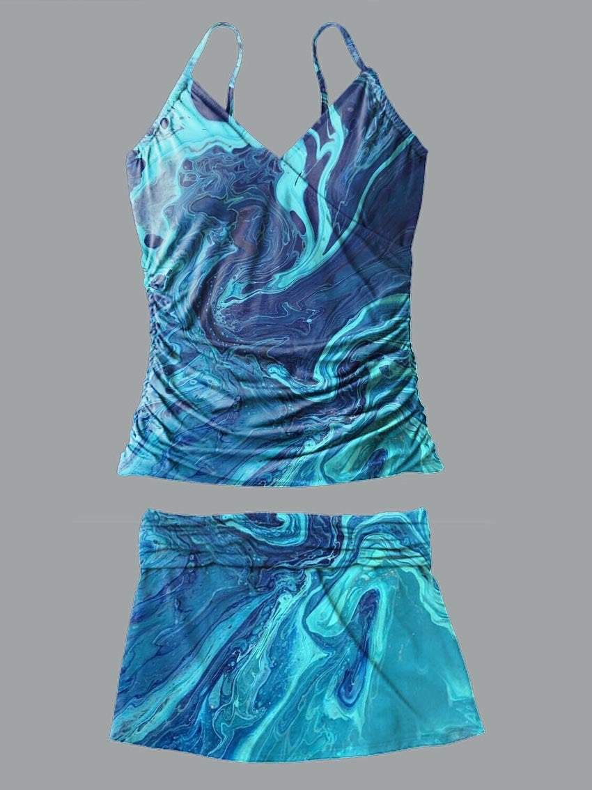 V-Neck Blue Ocean Retro Pattern Pattern Print Sling Pleated Tankini Set Swimsuit