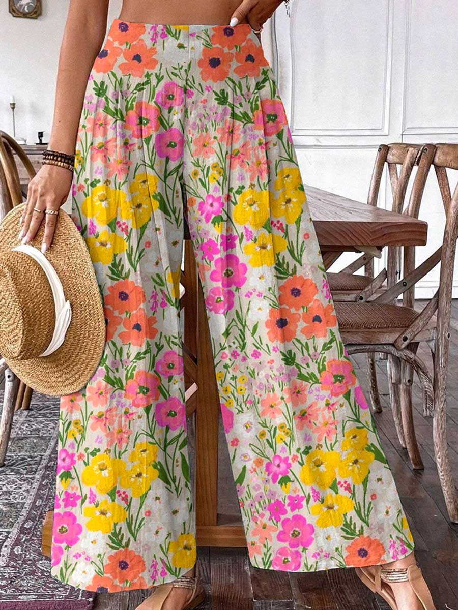 Women's Floral Print Graphic Cotton Wide Leg Pants