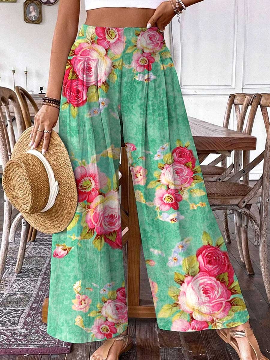 Women's Rose Floral Pattern Cotton and Linen Pants