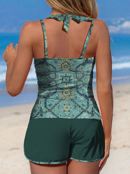 Maillot de bain tankini taille moyenne à imprimé symétrique cyan foncé et patchwork 